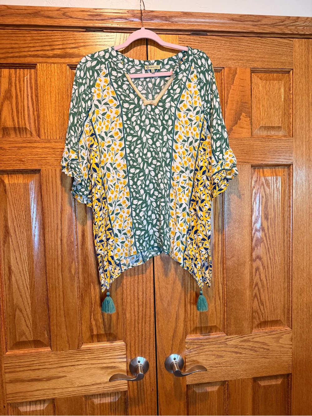 Democracy Green and Yellow Floral Kimono with Tassels